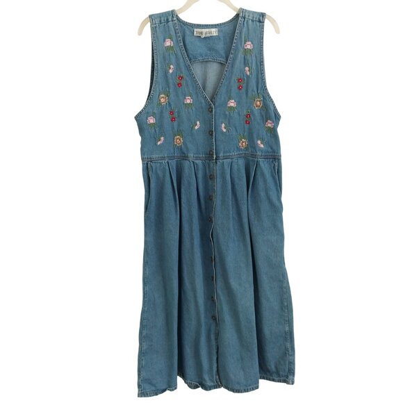 Vintage Jane Ashley Embroidered Denim Maxi Dress Size Large Excellent Condition - Picture 1 of 6